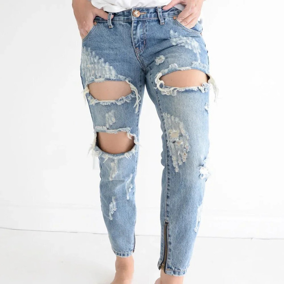 One Tea Spoon Blue "Trashed Free Birds" Extreme Distressed Straight Tapered 27 - Picture 2 of 15